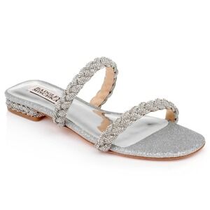 Badgley Mischka Femme Glitter Flat Sandal  Braided Straps Silver Women 10 - $215